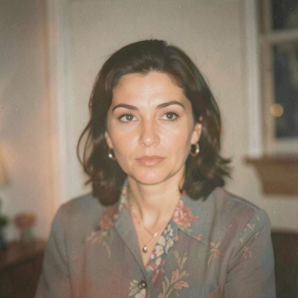 Analog portrait photograph with visible film grain, soft window light, and a warm cream background; the subject has shoulder-length hair and a calm, thoughtful expression, rendered in muted ivory, soft peach, and dusty rose tones.